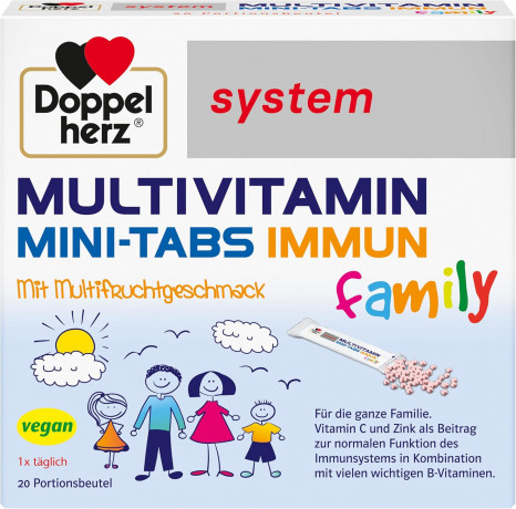 Doppelherz System Multivitamin Mini Tabs Family Immun, 20 Beutel, Мультивитаминный комплекс с витамином С и цинком для детей с 4-х лет и взрослых, с фруктовым вкусом, 20 пакетиков стиков