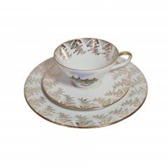 Чайное трио винтажное Fritz Montag Porta Westfalica с изображением Bad Wildungen по центру, фарфор, Германия, 1960-70гг.