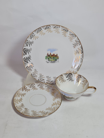 Чайное трио винтажное Fritz Montag Porta Westfalica с изображением Bad Wildungen по центру, фарфор, Германия, 1960-70гг.