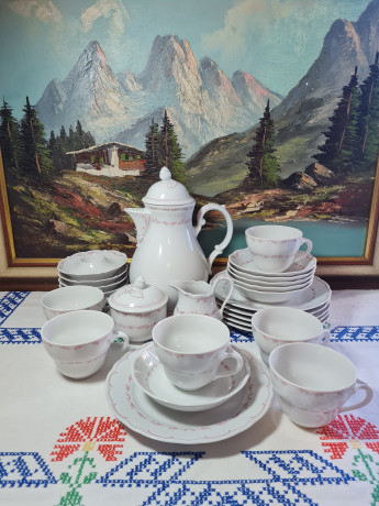 Сервиз чайный винтажный Bavaria на 6 персон, бело-красный декор, фарфор, Германия, 1960-70гг.