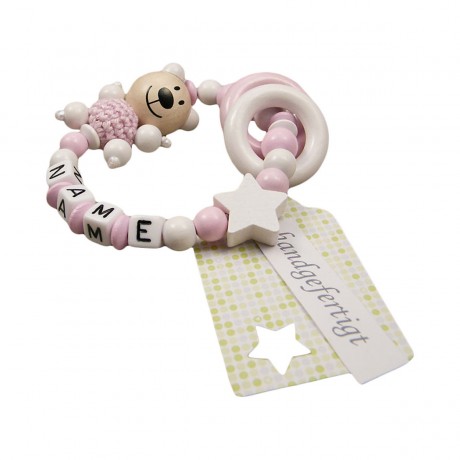 kleinerStorch Greifling mit Name – Madchen Beissring personalisiert – Holz Rassel Bar Stern weiss Игрушка-клатч с именем