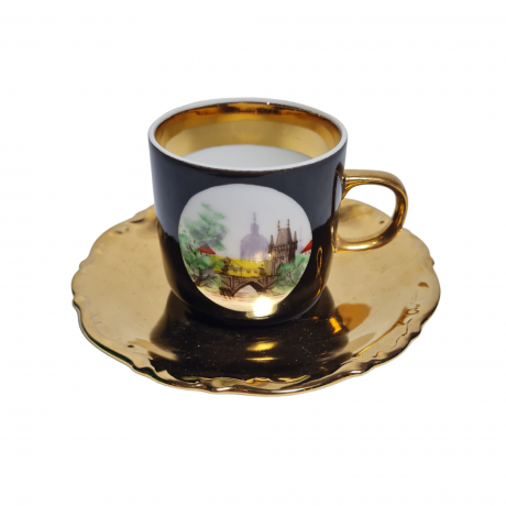 Кофейная пара винтажная Prama "Вид на Эринер", черный / золото, фарфор, Германия, 1970-80гг.