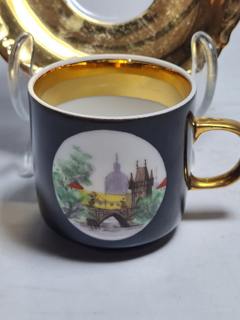 Кофейная пара винтажная Prama "Вид на Эринер", черный / золото, фарфор, Германия, 1970-80гг.