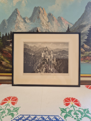 Фото постер винтажный в деревянной раме, черно-белая фотография замка Нойшнанштайн, 39,5 x 31,5 см, Германия, 1970-80гг.