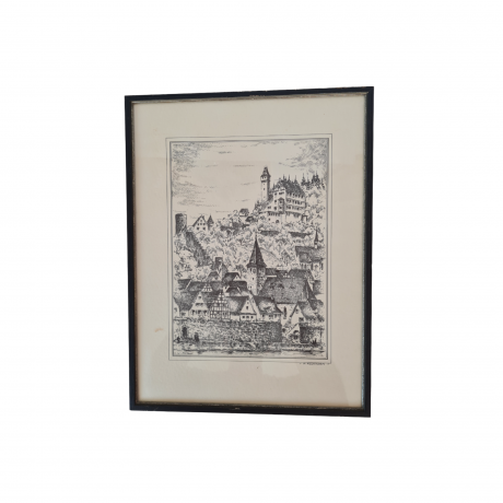 Картина винтажная в черно-белых тонах "г. Хиршхорн" O.W.Pfilze, 31 x 41 см, Германия, 1960-70гг.