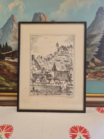 Картина винтажная в черно-белых тонах "г. Хиршхорн" O.W.Pfilze, 31 x 41 см, Германия, 1960-70гг.