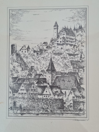 Картина винтажная в черно-белых тонах "г. Хиршхорн" O.W.Pfilze, 31 x 41 см, Германия, 1960-70гг.