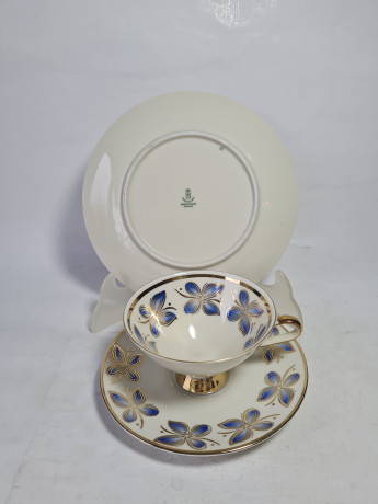 Чайное трио винтажное Winterling Marktlrethen Bavaria с сине-золотистыми цветами, фарфор, Германия, 1970-80гг.