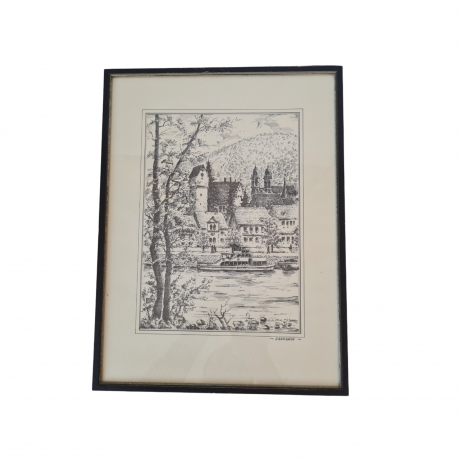 Картина винтажная в черно-белых тонах "г. Эбербах" O.W.Pfilze, 31 x 41 см, Германия, 1960-70гг.