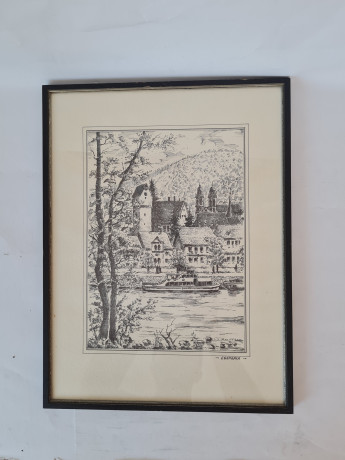 Картина винтажная в черно-белых тонах "г. Эбербах" O.W.Pfilze, 31 x 41 см, Германия, 1960-70гг.