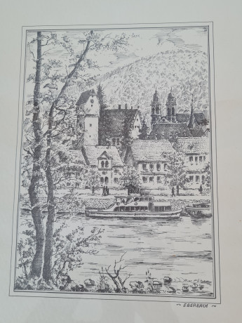 Картина винтажная в черно-белых тонах "г. Эбербах" O.W.Pfilze, 31 x 41 см, Германия, 1960-70гг.