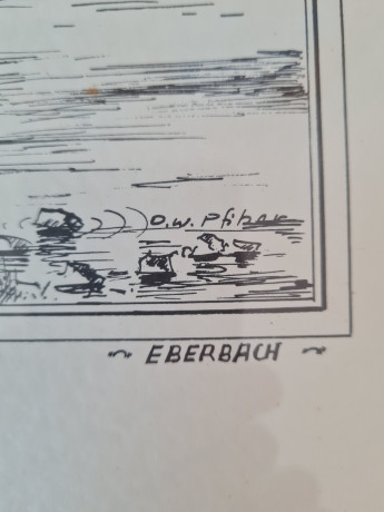 Картина винтажная в черно-белых тонах "г. Эбербах" O.W.Pfilze, 31 x 41 см, Германия, 1960-70гг.