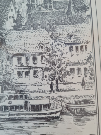 Картина винтажная в черно-белых тонах "г. Эбербах" O.W.Pfilze, 31 x 41 см, Германия, 1960-70гг.