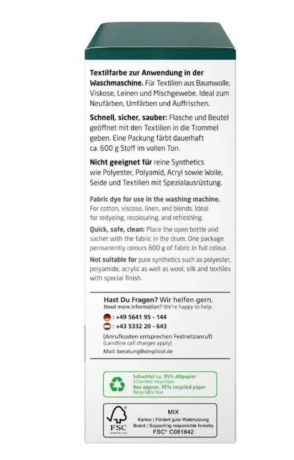 Simplicol Textilfarbe intensiv Wald-Grun, Краска для ткани зелёная интенсивная, жидкая, для стиральной машины 40 , 150 мл + фиксатор 400 г