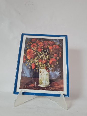 Van Gagh Репродукция картины «Ваза с красными маками» Ван Гог, в синей раме, постер 25см х 20см, Германия 1960-70гг.