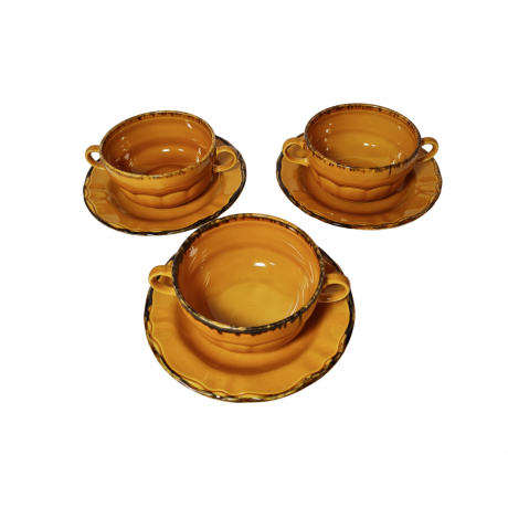 Набор чашек с блюдцами винтажный Treviso Italy Ironstone / Pagnossin в светло-коричневых тонах, чашки 3 шт. х 6 x 15 см, блюдца 3 шт.х 17 см, Италия, 1960-70гг.
