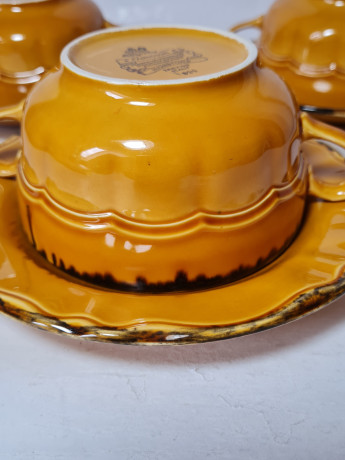 Набор чашек с блюдцами винтажный Treviso Italy Ironstone / Pagnossin в светло-коричневых тонах, чашки 3 шт. х 6 x 15 см, блюдца 3 шт.х 17 см, Италия, 1960-70гг.