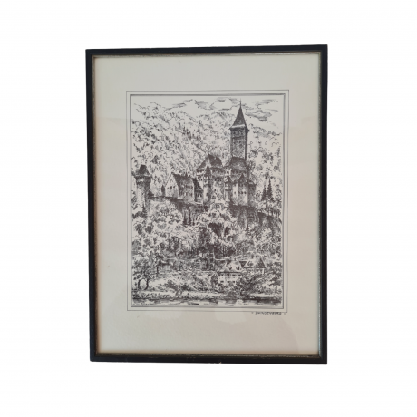 Картина винтажная в черно-белых тонах "г. Цвингенберг" O.W.Pfilze, 31 x 41 см, Германия, 1960-70гг.