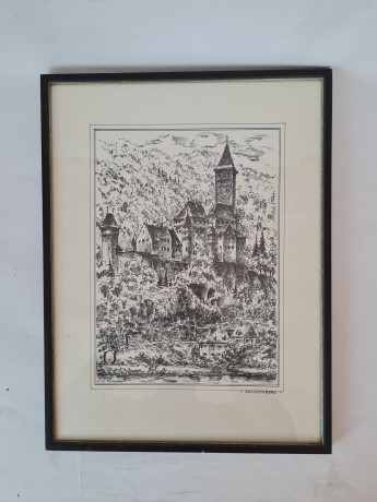 Картина винтажная в черно-белых тонах "г. Цвингенберг" O.W.Pfilze, 31 x 41 см, Германия, 1960-70гг.