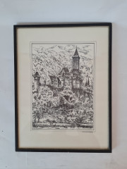 Картина винтажная в черно-белых тонах "г. Цвингенберг" O.W.Pfilze, 31 x 41 см, Германия, 1960-70гг.