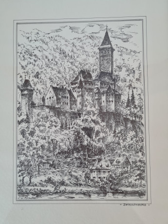 Картина винтажная в черно-белых тонах "г. Цвингенберг" O.W.Pfilze, 31 x 41 см, Германия, 1960-70гг.