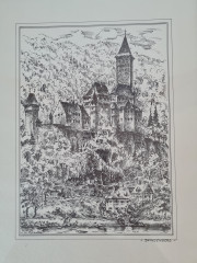 Картина винтажная в черно-белых тонах "г. Цвингенберг" O.W.Pfilze, 31 x 41 см, Германия, 1960-70гг.