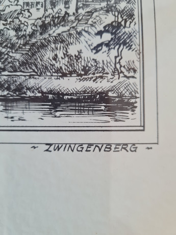 Картина винтажная в черно-белых тонах "г. Цвингенберг" O.W.Pfilze, 31 x 41 см, Германия, 1960-70гг.