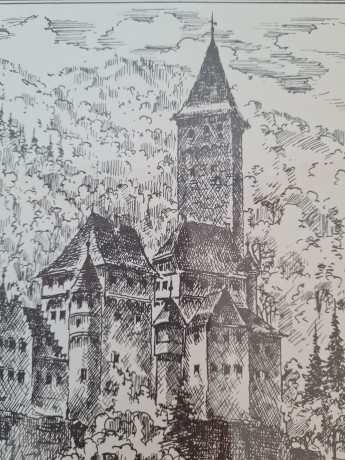 Картина винтажная в черно-белых тонах "г. Цвингенберг" O.W.Pfilze, 31 x 41 см, Германия, 1960-70гг.