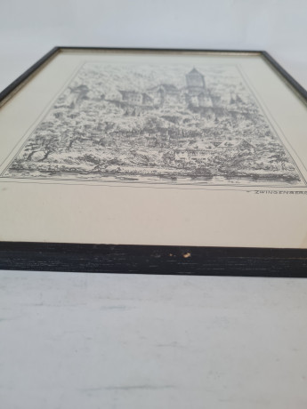 Картина винтажная в черно-белых тонах "г. Цвингенберг" O.W.Pfilze, 31 x 41 см, Германия, 1960-70гг.