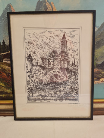 Картина винтажная в черно-белых тонах "г. Цвингенберг" O.W.Pfilze, 31 x 41 см, Германия, 1960-70гг.