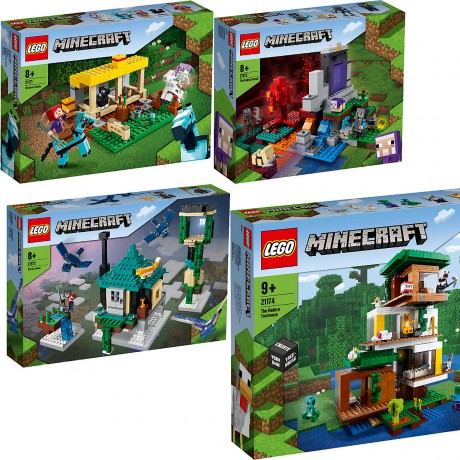 Minecraft 4er Set: 21171 Der Pferdestall + 21172 Das zerst orte Portal + 21173 Der Himmelsturm + 21174 Das moderne Baumhaus ЛЕГО НАБОР Конюшня+Разрушенный портал+Небесная башня+Современный домик на дереве