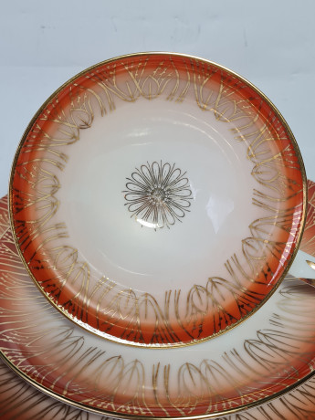 Чайное трио винтажное Hutschenreuther Arzberg Bavaria в бело-оранжевых тонах с золотым декором, фарфор, Германия, 1970-80гг.