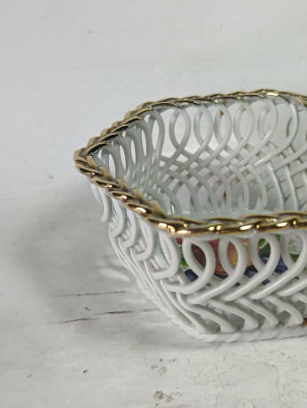 Фруктовница винтажная JRJ CLUJ малая, с ярким изображением фруктов, вырубной фарфор, 14 см, Румыния, 1970-80гг.