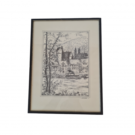 Картина винтажная в черно-белых тонах "г. Неккарштайнах" O.W.Pfilze, 31 x 41 см, Германия, 1960-70гг.