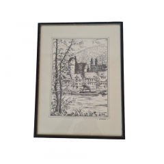 Картина винтажная в черно-белых тонах "г. Неккарштайнах" O.W.Pfilze, 31 x 41 см, Германия, 1960-70гг.