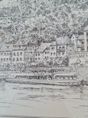 Картина винтажная в черно-белых тонах "г. Неккарштайнах" O.W.Pfilze, 31 x 41 см, Германия, 1960-70гг.