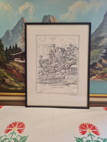 Картина винтажная в черно-белых тонах "г. Неккарштайнах" O.W.Pfilze, 31 x 41 см, Германия, 1960-70гг.