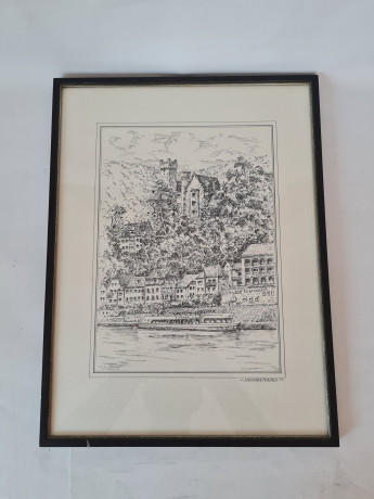 Картина винтажная в черно-белых тонах "г. Неккарштайнах" O.W.Pfilze, 31 x 41 см, Германия, 1960-70гг.