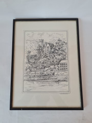 Картина винтажная в черно-белых тонах "г. Неккарштайнах" O.W.Pfilze, 31 x 41 см, Германия, 1960-70гг.