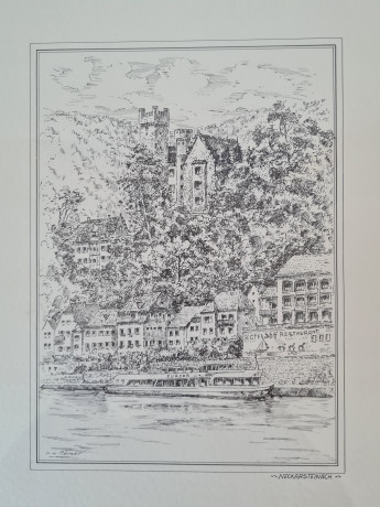 Картина винтажная в черно-белых тонах "г. Неккарштайнах" O.W.Pfilze, 31 x 41 см, Германия, 1960-70гг.