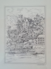 Картина винтажная в черно-белых тонах "г. Неккарштайнах" O.W.Pfilze, 31 x 41 см, Германия, 1960-70гг.