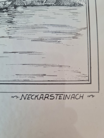 Картина винтажная в черно-белых тонах "г. Неккарштайнах" O.W.Pfilze, 31 x 41 см, Германия, 1960-70гг.