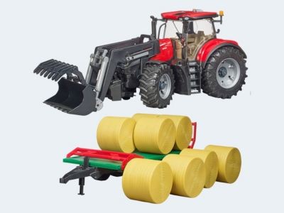 Bruder Trak 45cm Case IH Optum 300 CVX mit Frontlader und Ballentransportanhanger Trak 45cm Case IH Optum 300 CVX с фронтальным погрузчиком и прицепом для перевозки тюков