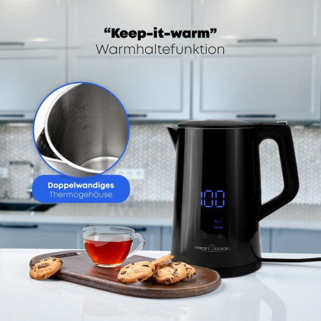 ProfiCook ProfiCook Wasserkocher PC-WKS 1243, 1,7 L Temperatureinstellung 50°-100°C, Soll  Ist Temperaturanzeige  Чайник ProfiCook PC-WKS 1243, 1,7 л, регулировка температуры 50–100°C, отображение заданной фактической температуры.