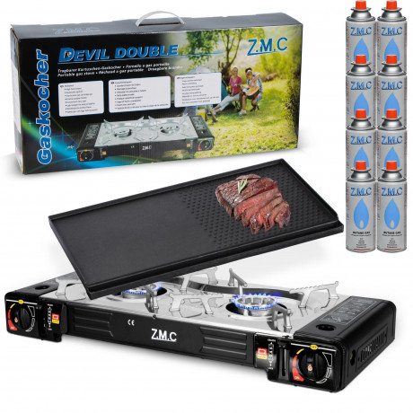 ZMC ZMC Gaskocher 2in1 Campingkocher Grillplatte mit Piezozundung + 8x Gaskartuschen, (2 Flammig Grill Platte Tischgrill Doppel Gasbrenner Gasgrill Kochfeld mit LPG Anschluss Warmeleistung: 2,3KW), Butan Gas 227g Gaskocher Outdoor Camping Gas Kocher Herd 