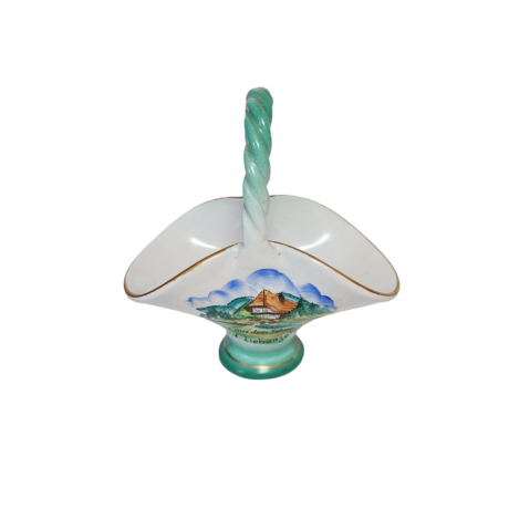 Конфетница декоративная винтажная, бело-светло-зеленый фарфор с изображением. г. Шварцвальд, 10,5 x 6,5 x 11 см, Германия, 1960-70гг.