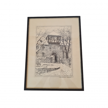 Картина винтажная в черно-белых тонах "Крепость Дильсберг" O.W.Pfilze, 31 x 41 см, Германия, 1960-70гг.