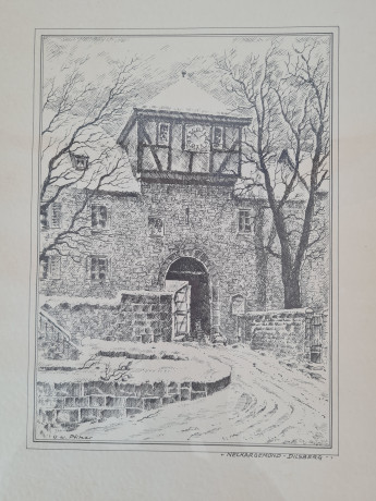 Картина винтажная в черно-белых тонах "Крепость Дильсберг" O.W.Pfilze, 31 x 41 см, Германия, 1960-70гг.