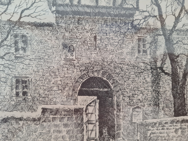 Картина винтажная в черно-белых тонах "Крепость Дильсберг" O.W.Pfilze, 31 x 41 см, Германия, 1960-70гг.