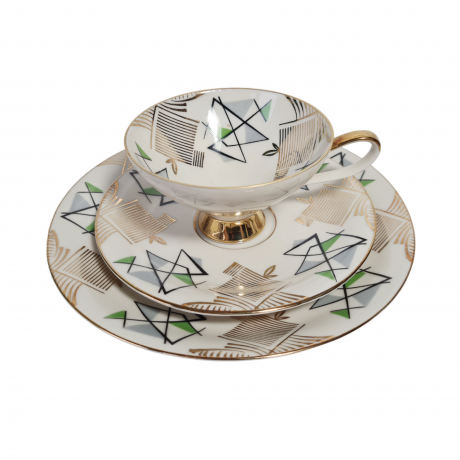 Чайное трио винтажное Johann Seltmann Vohenstraub Bavaria с геометричным декором, фарфор, Германия, 1960-70гг.